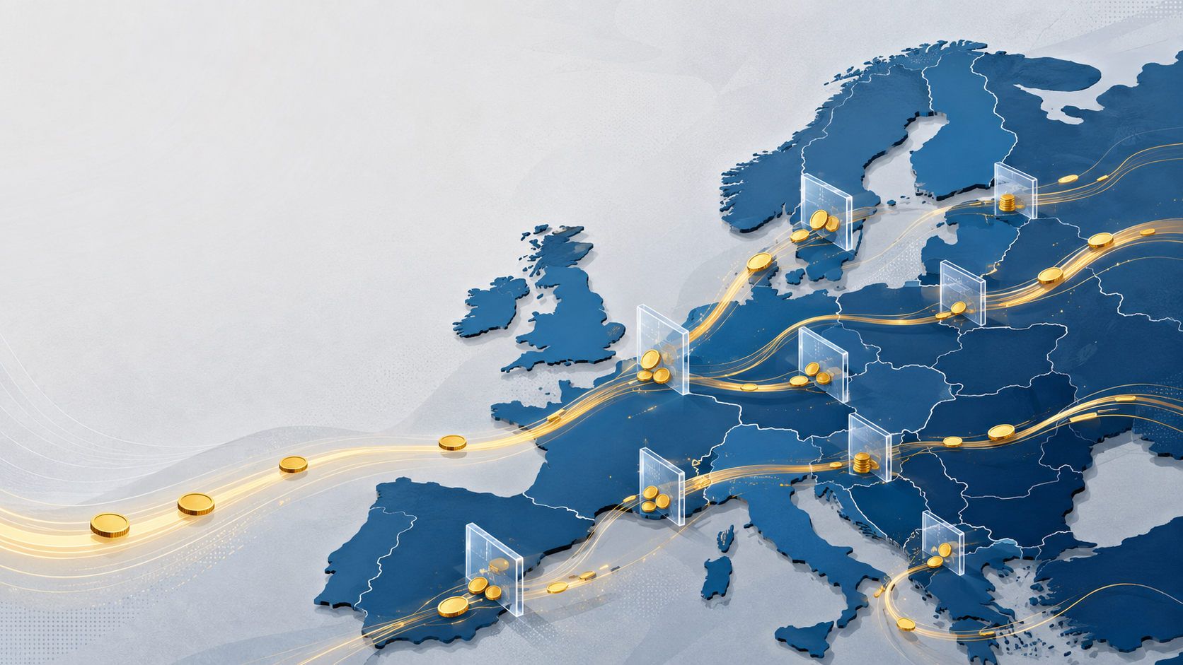Mapa ilustrado de Europa con flujos de inversión frenados por retenciones fiscales sobre dividendos en operaciones transfronterizas.